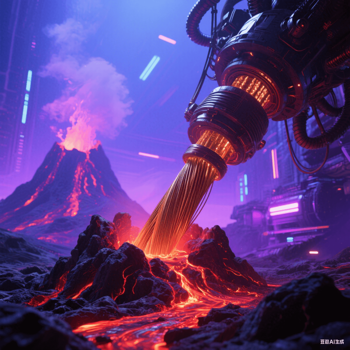 玄武巖纖維替代：火山巖熔融拉絲過程，暗紅熔巖凝固成青銅色纖維束