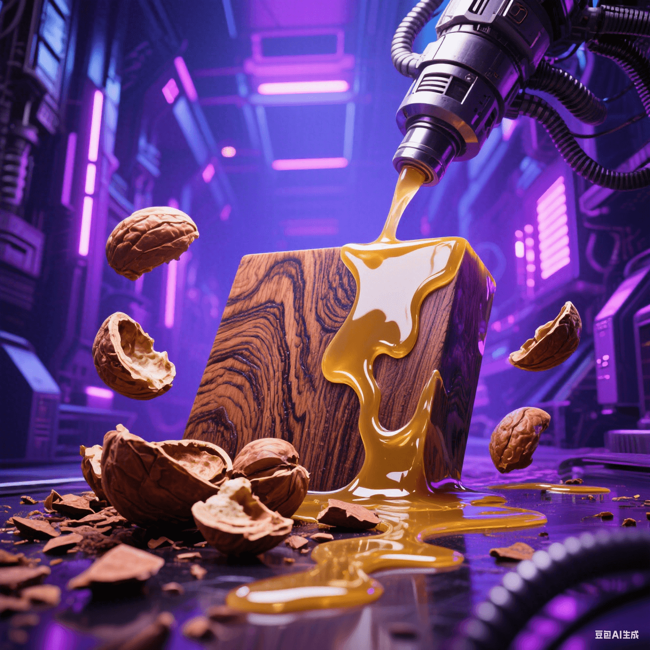生物基樹脂合成：腰果殼原料（棕褐色有機碎片）融入金色液態(tài)樹脂，木紋肌理與環(huán)氧流光交融