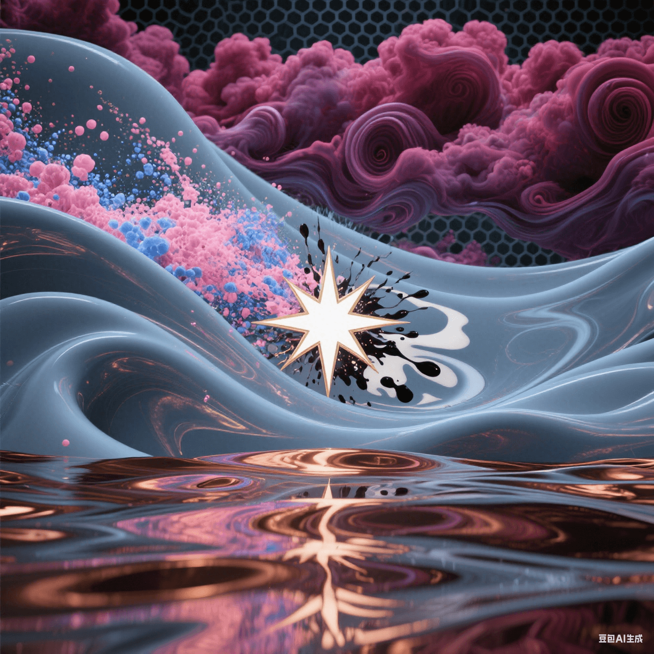 多層青灰介質(zhì)邊界涌出紫紅渦旋云，櫻色與鈷藍(lán)粒子流碰撞炸裂白金星芒，干擾波紋如墨染牛奶，底部銅箔倒影扭曲變形