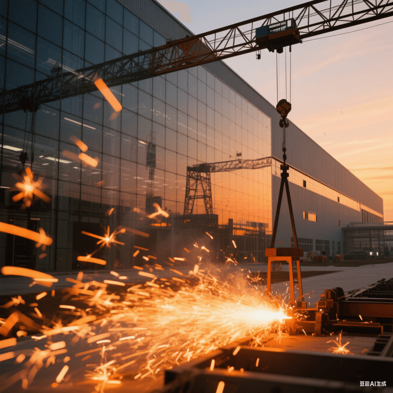 晶圓廠全景，玻璃幕墻映出擴(kuò)產(chǎn)基地輪廓，吊車剪影與橙色焊光交錯(cuò)