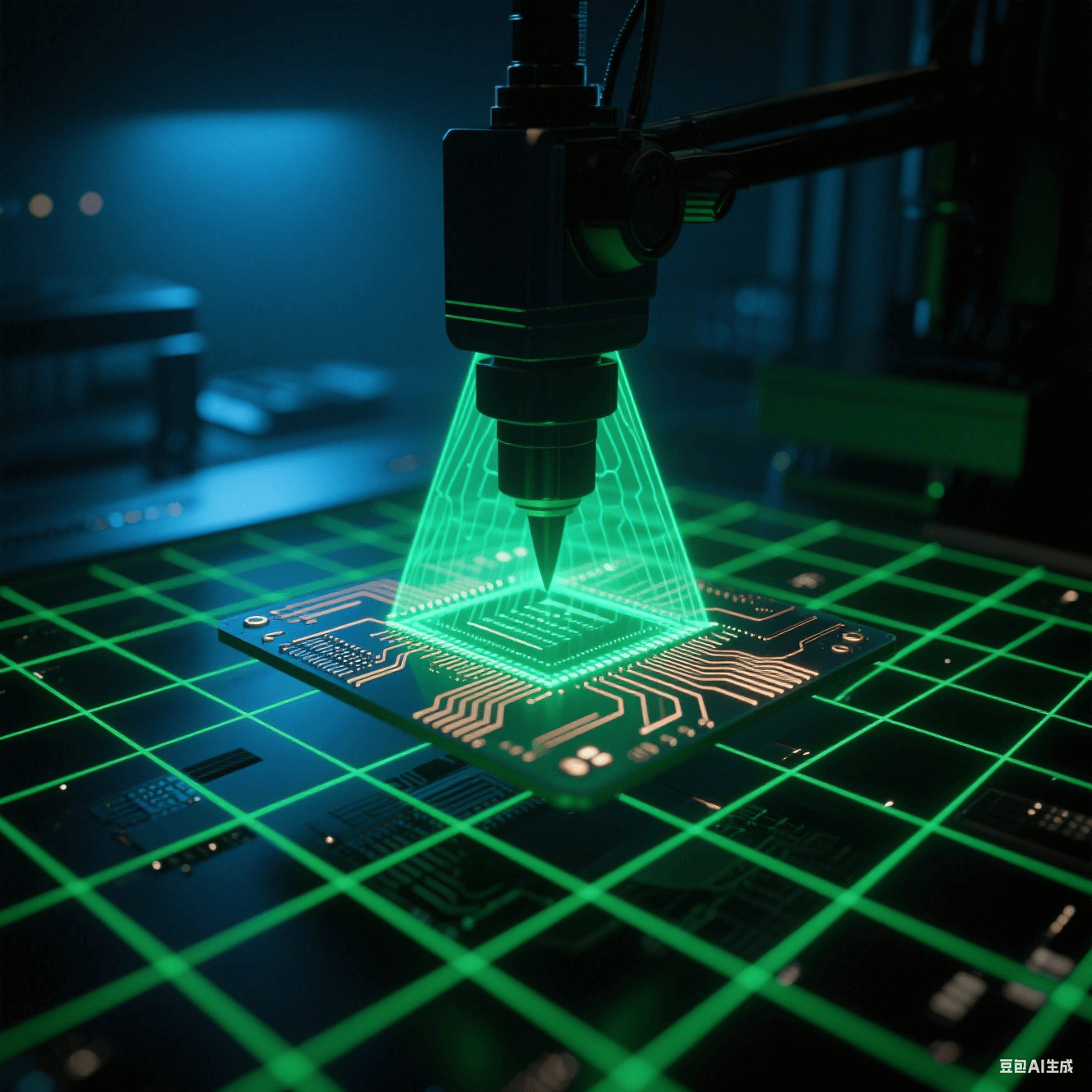綠色激光網(wǎng)格掃描過懸浮的基板，在銅線路上折射出細(xì)密光網(wǎng)。X射線穿透基板形成內(nèi)部結(jié)構(gòu)的翡翠色透視光影，檢測探頭投射銳利三角陰影，背景彌漫電子藍(lán)霧光。