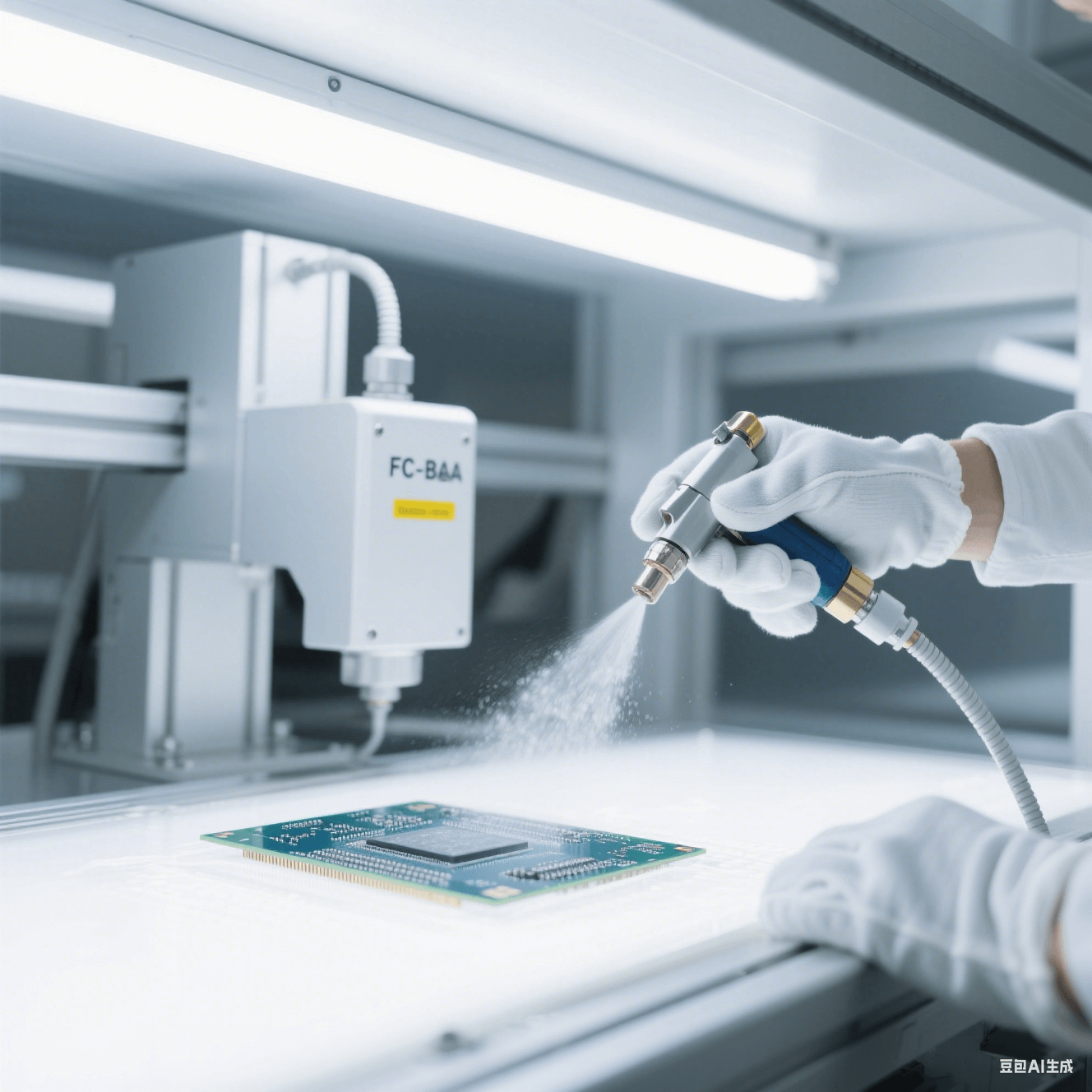 納米級(jí)清潔處理中的 FC-BGA 基板：基板置于超凈工作臺(tái)，清潔設(shè)備噴頭噴出細(xì)小液霧，工作人員戴專業(yè)手套操作，場(chǎng)景在白色潔凈燈光下，凸顯精細(xì)專業(yè)的清潔氛圍。