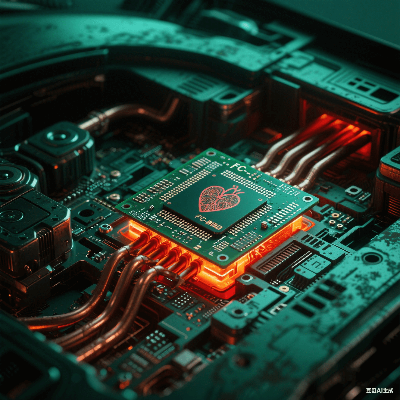 智能汽車電子艙透視視角，F(xiàn)C-BGA基板如心臟跳動(dòng)，散熱銅管泛紅橙光暈
