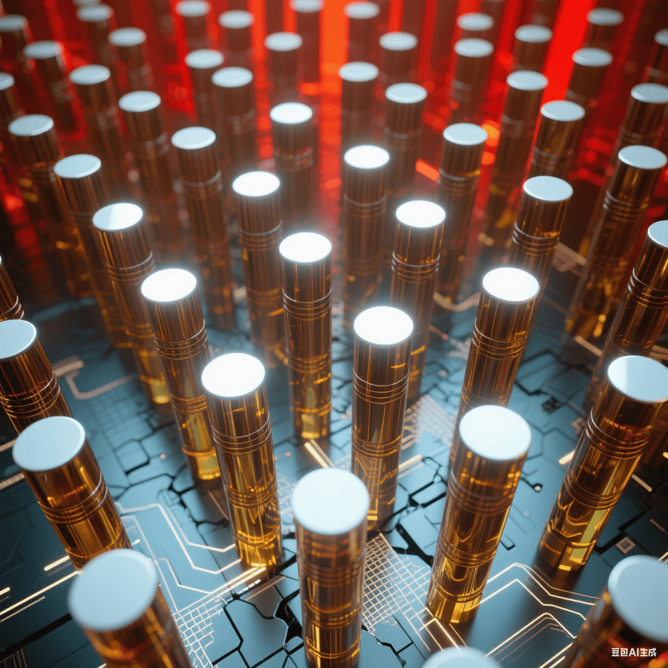 數(shù)百根青銅色圓柱從透明琥珀基材中破壁而出，柱頂平面反射環(huán)境光形成白色高光點(diǎn)。柱體側(cè)壁有精密車削紋理，背景虛化為熾紅色熱成像色塊，底部隱約透出網(wǎng)狀電路熒光。