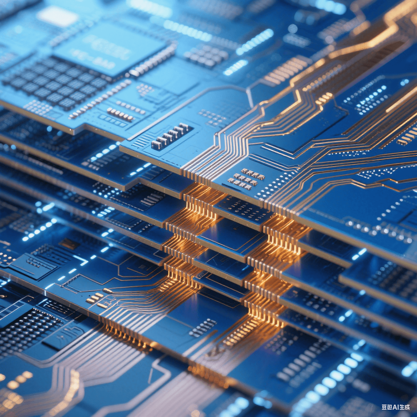 FC-BGA基板拋光剖面放大圖，呈現(xiàn)數(shù)十層藍(lán)金色交替的平行線路。絕緣層如深海藍(lán)寶石，銅線路如熔金河流，微孔通道貫穿層間形成垂直光柱。整體散發(fā)科幻感冷白光，邊緣有精密切割反光。