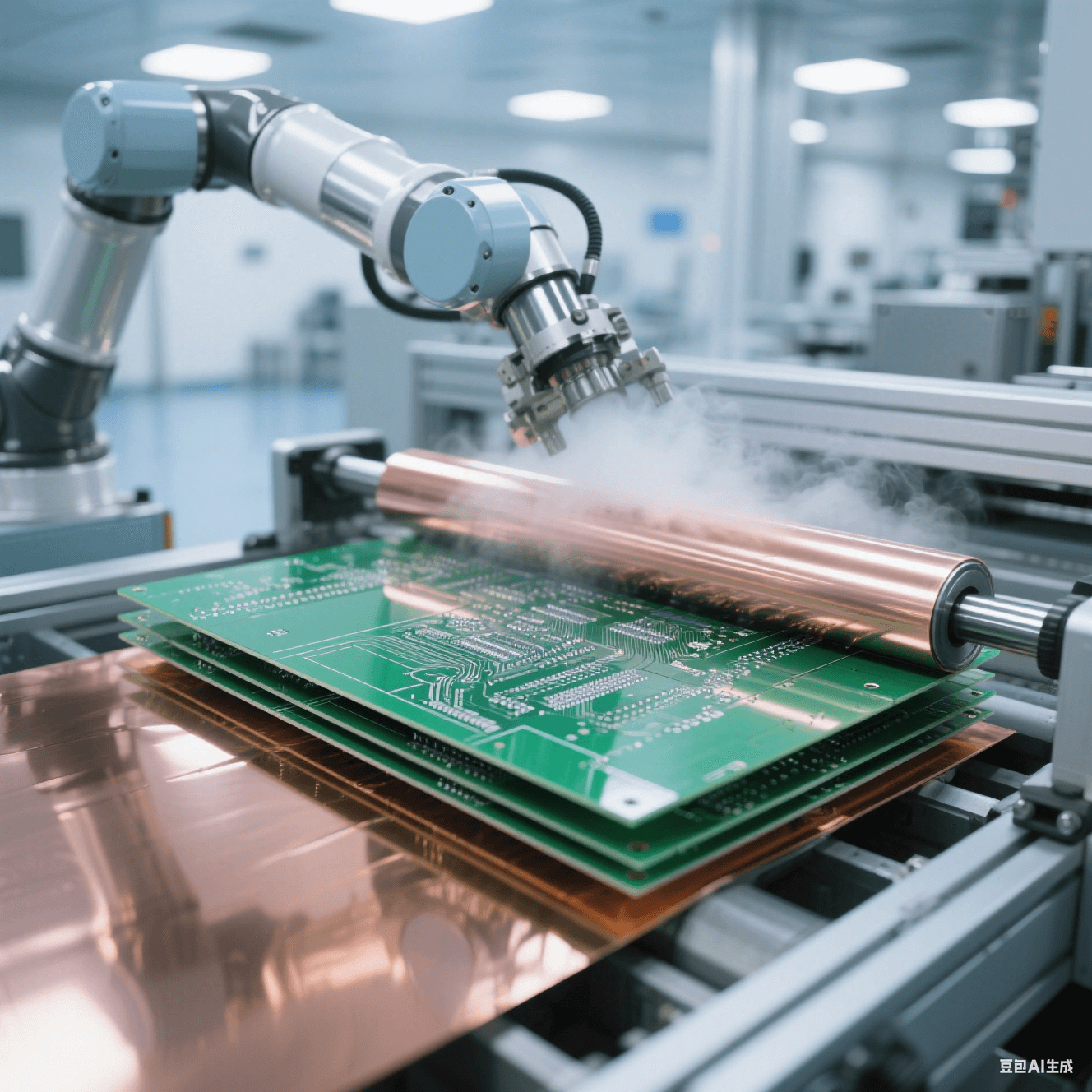 無塵車間機(jī)械臂壓合電路板：翡翠綠基板與古銅色銅箔在金屬輥壓力下融合，虹彩反光流動于表面，藍(lán)灰工業(yè)色調(diào)中突出鏡面接觸細(xì)節(jié)