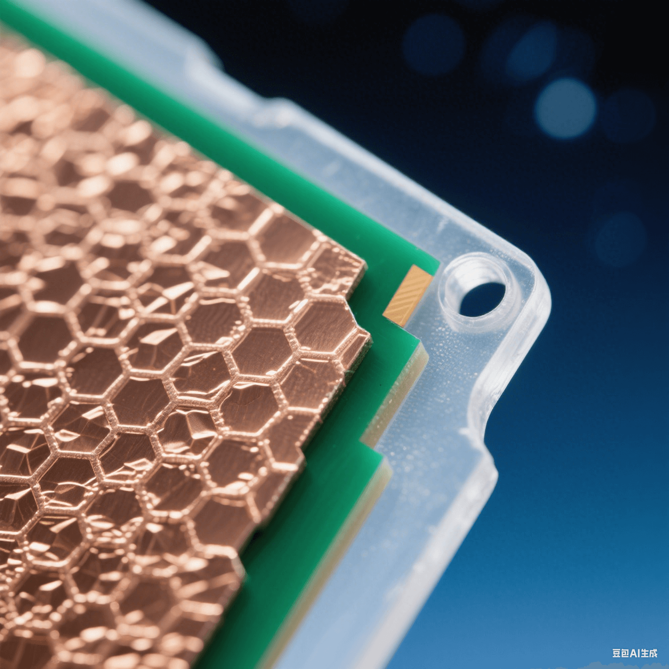 無鹵素基板銅箔結(jié)合界面微觀特寫：淺金色銅晶體與深綠色樹脂形成蜂巢結(jié)構(gòu)，冷金屬光澤與啞光聚合物對比，頂光下銀白光暈穿透半透明磨砂層