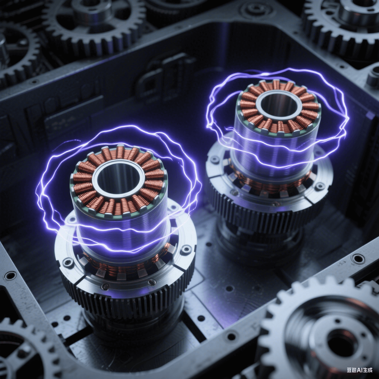 深灰機(jī)床腔體內(nèi)的PCB 線圈板諧振供電系統(tǒng)，兩枚同心銅線圈懸浮，初級線圈帶散熱鰭片，次級線圈旋轉(zhuǎn)形成殘影光環(huán)，間隙躍動藍(lán)紫電弧，電磁場呈靛藍(lán)漩渦狀包裹設(shè)備。