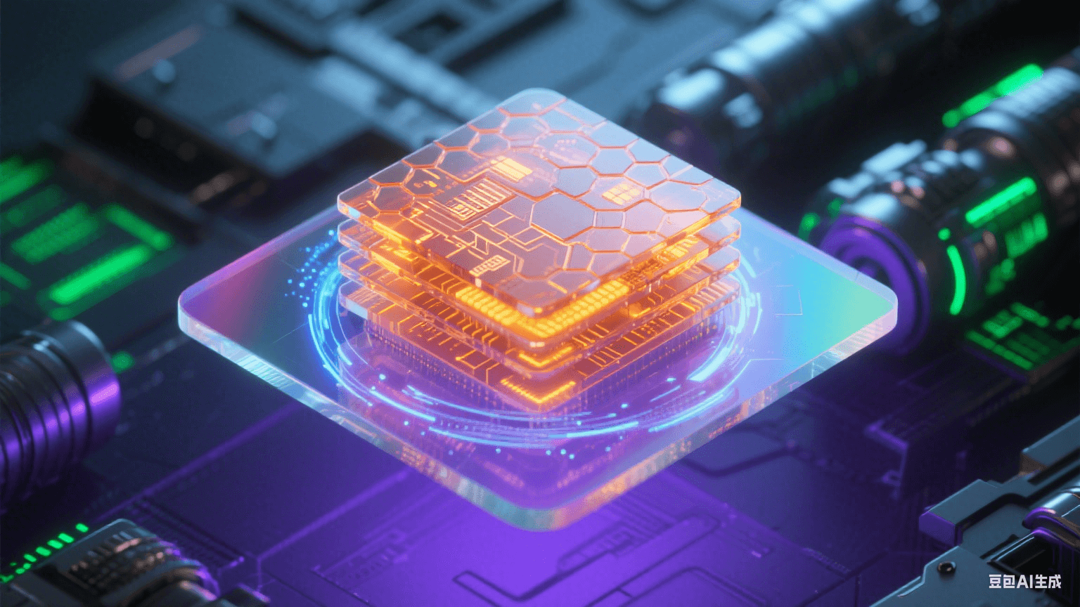 懸浮于紫色電磁場的半透明虹彩電路基板，琥珀態(tài)陶瓷膠包裹發(fā)橙光線路，蜂窩狀屏蔽腔外環(huán)繞藍(lán)白粒子漩渦，虛化CT金屬部件與熒光綠數(shù)據(jù)流交織