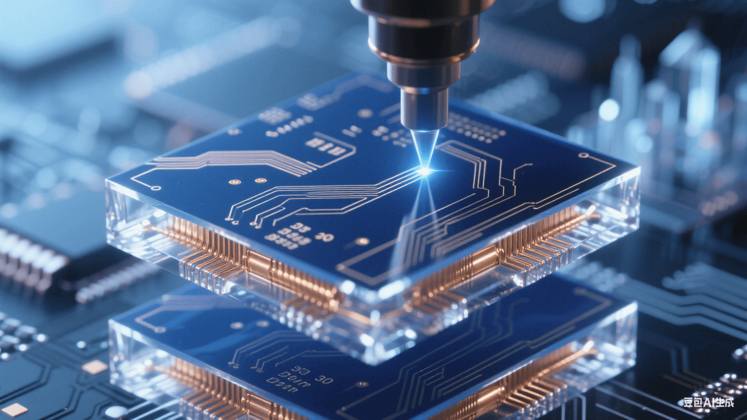 紫外激光束在深藍(lán)感光層繪制30μm線寬精密電路，鎏金銅線側(cè)壁呈85°陡直切面，邊緣反射冷白光，背景中多層電路板如水晶城懸浮