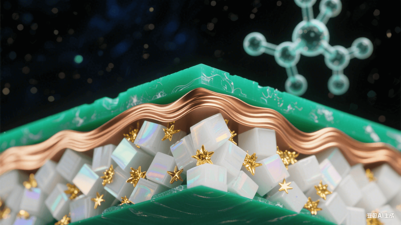 納米級高頻材料橫截面顯微圖，陶瓷填充PTFE基材形成翡翠綠與珍珠白晶體，黃金色導(dǎo)電粒子如星云散布，覆銅層呈熔金流體質(zhì)感，熱應(yīng)力波紋以虹彩漣漪呈現(xiàn)，背景懸浮柔光分子結(jié)構(gòu)模型