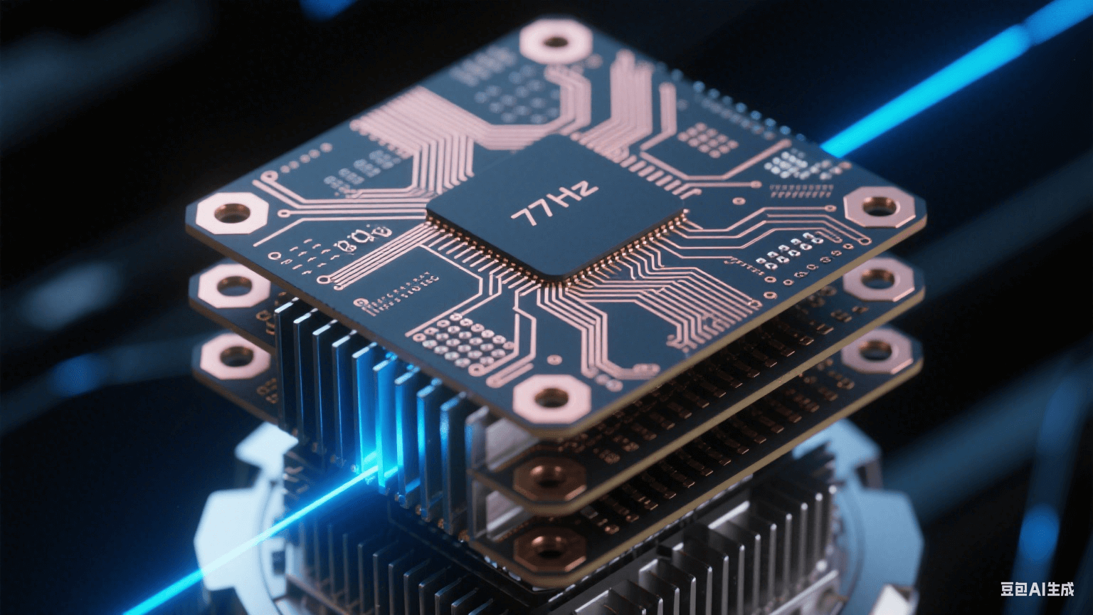 汽車毫米波雷達(dá)核心剖面特寫，77GHz高頻電路板立體分層如晶簇，玫瑰金色銅箔嵌入墨玉色基材，幽藍(lán)激光束動態(tài)顯示信號路徑，散熱鰭片泛冷銀光澤，背景為深空黑與量子藍(lán)漸變，過孔呈蜂巢狀幾何結(jié)構(gòu)