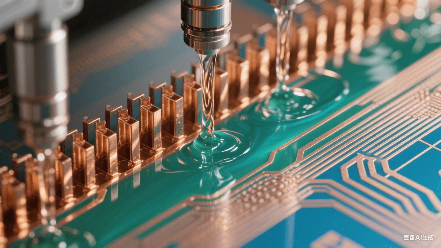 弱堿性蝕刻液流經(jīng)銅箔形成藍(lán)綠漸變流體場，微噴淋系統(tǒng)雕刻鏡面般金屬紋理（Ra≤0.1μm），顯微視角展現(xiàn)無鼠咬缺陷的熔金質(zhì)線路輪廓