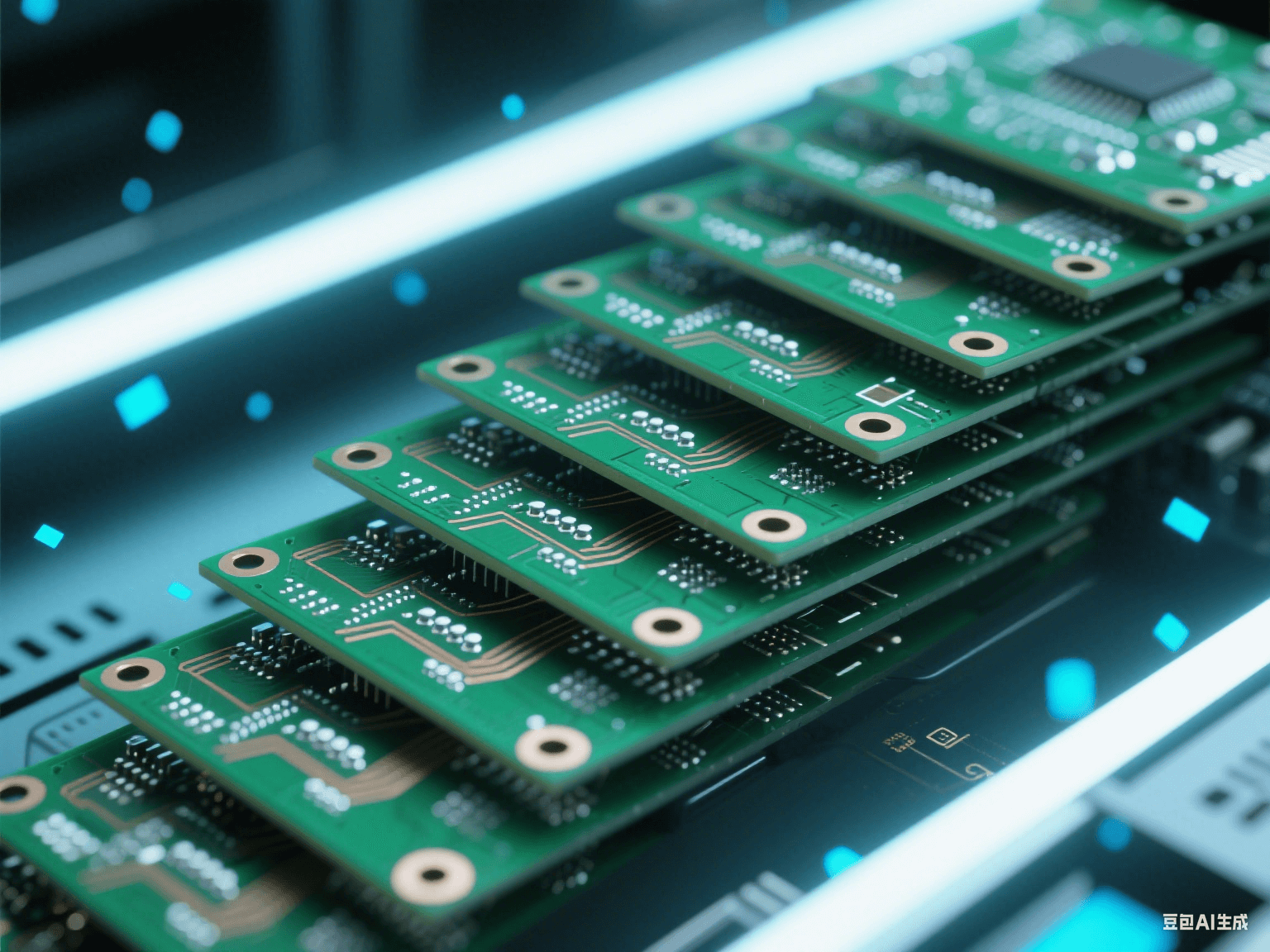 5G 基站內(nèi)部電路板局部，多塊 PCB 階梯狀堆疊，帶銀白色焊點(diǎn)與銅色走線，冷光下顯科技感