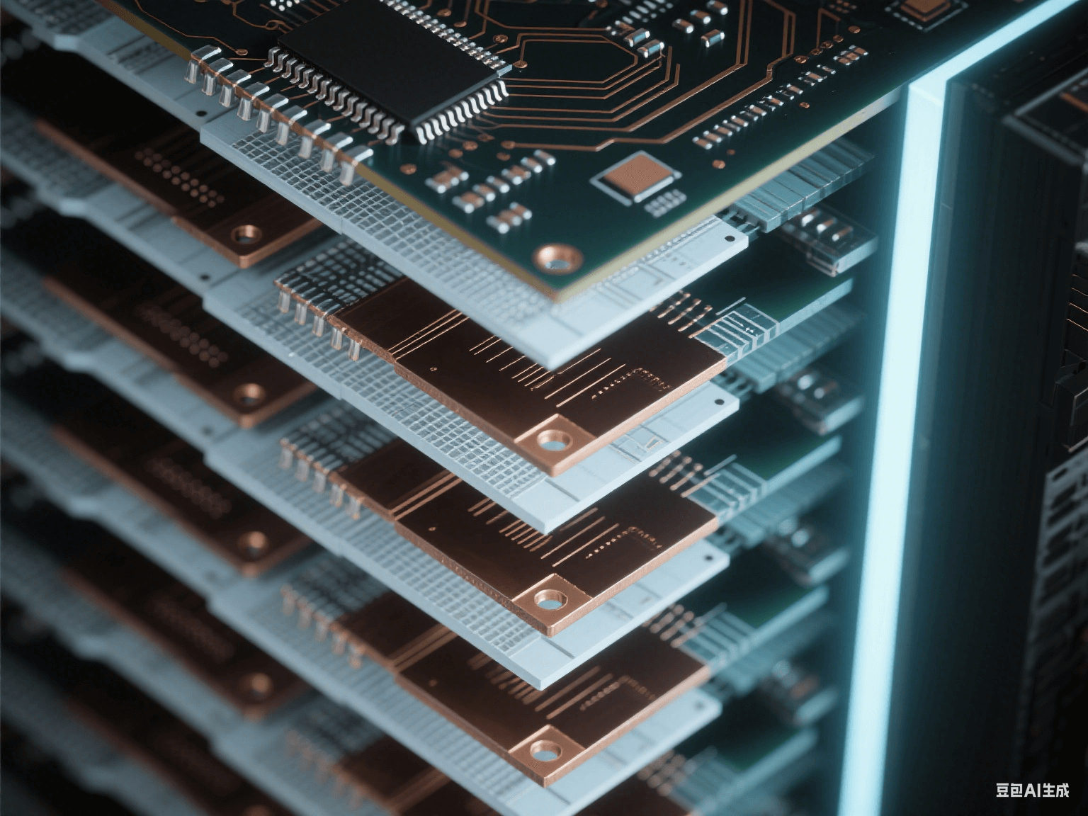 工業(yè)控制設(shè)備多層 PCB 垂直截面，8 層深淺交替結(jié)構(gòu)，帶傾斜金屬化通孔，冷光下顯工業(yè)科技氛圍