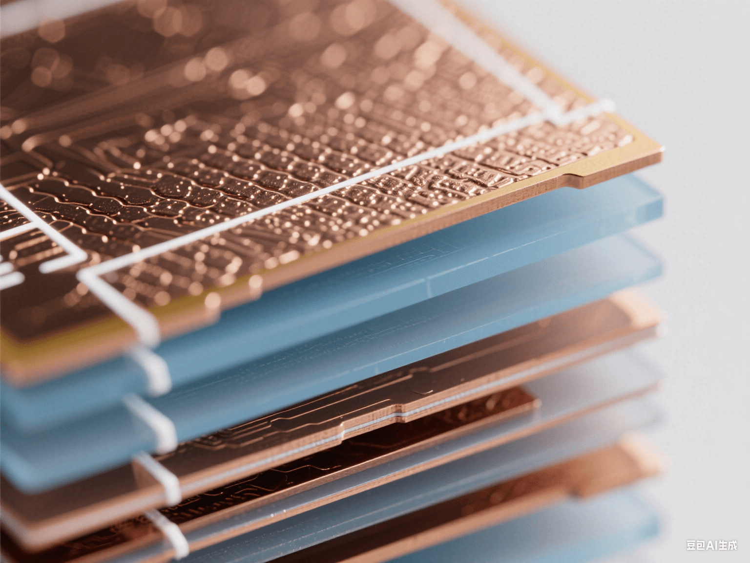 顯微鏡下 PCB 疊層細(xì)節(jié)，銅箔帶納米紋理，淡藍(lán)色半透明介質(zhì)層，頂光下顯微觀精密結(jié)構(gòu)