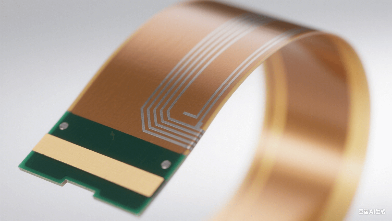 120° 彎曲的淺棕色 PI 薄膜表面有銀灰色銅箔線路（彎曲處連續(xù)），剛性部分為深綠色 FR-4，連接處有淺黃補強板