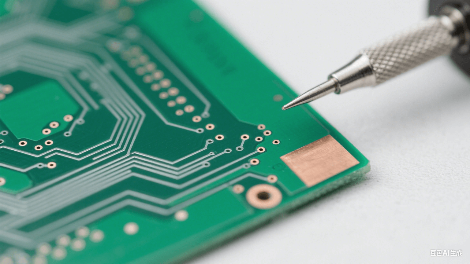 綠色 FR-4 基板上有銀灰色細密銅線路（邊緣光滑）與 0.05mm 微孔，一角露出羅杰斯 RO4000 淺棕色層壓結(jié)構(gòu)，冷白光下銅箔反光，背景為虛化淺灰工作臺，磨砂金屬探針局部接觸基板
