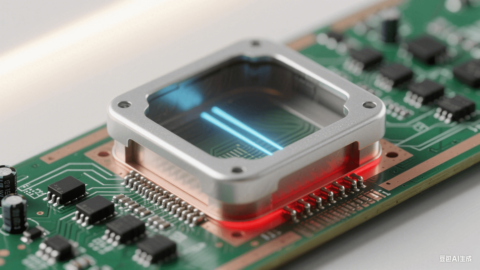 EMC 屏蔽與抗干擾：毫米波雷達板局部，銀灰色屏蔽罩封閉高頻區(qū)（底部與接地銅箔縫隙＜0.1mm），罩外深綠基板上有黑色高頻電容 / 磁珠陣列，銀灰線路與高頻線路被淺棕隔離帶分隔