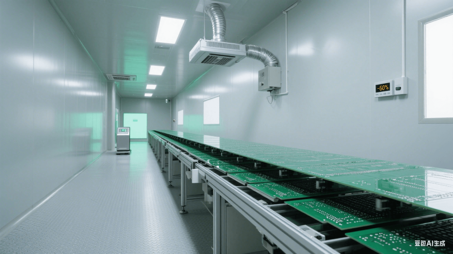高濕度防靜電：深綠色 PCB 在流水線，頂部銀色除濕裝置吹氣，淺灰防靜電地板，遠處靜電場計泛綠光，冷灰側光顯干燥潔凈