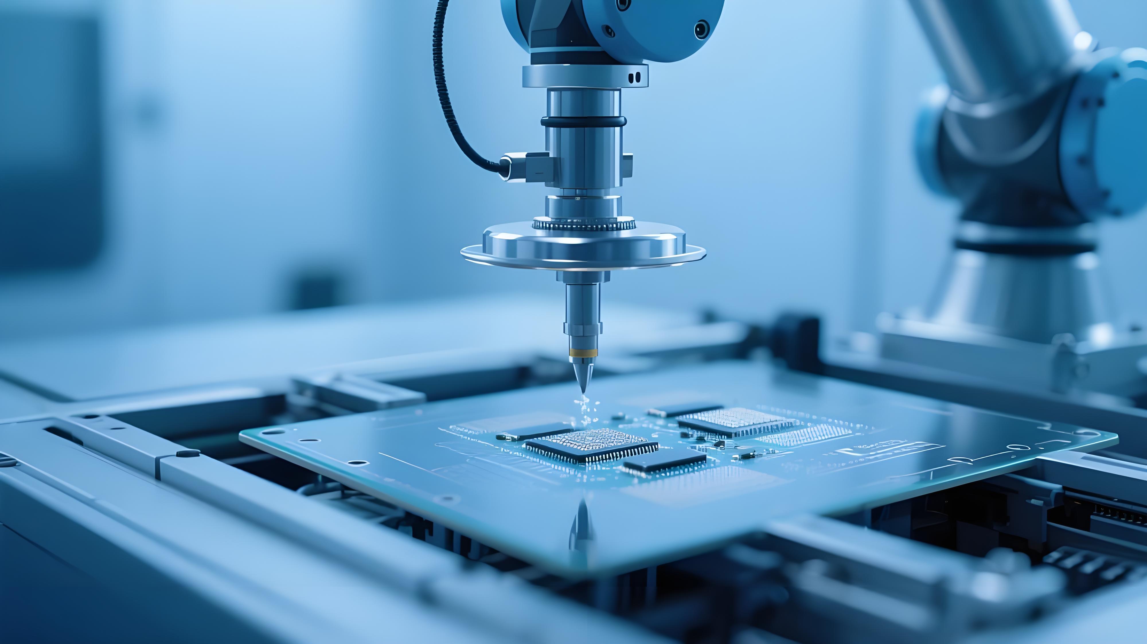 超精密SMT貼裝系統(tǒng)在潔凈室中操作微型元件，展現(xiàn)高科技制造場(chǎng)景