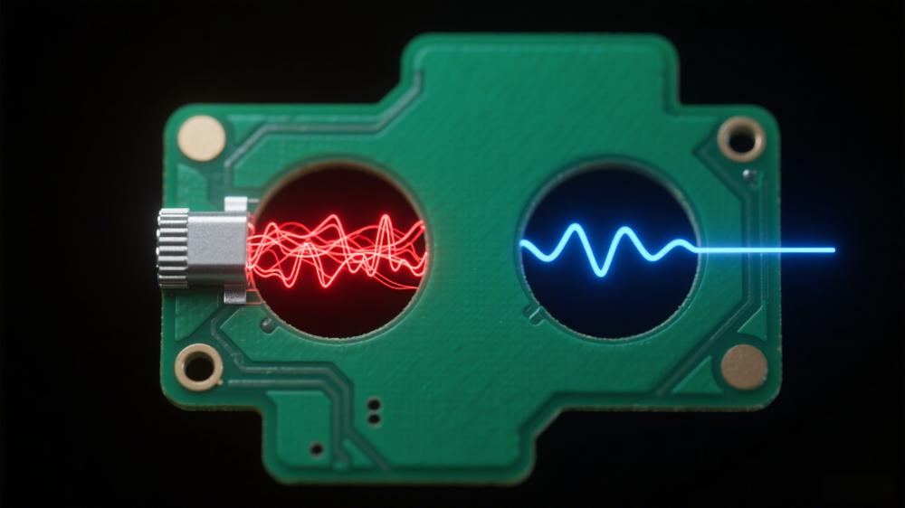 PCB通孔Stub諧振影響可視化 紅色反射信號與藍色順暢信號對比