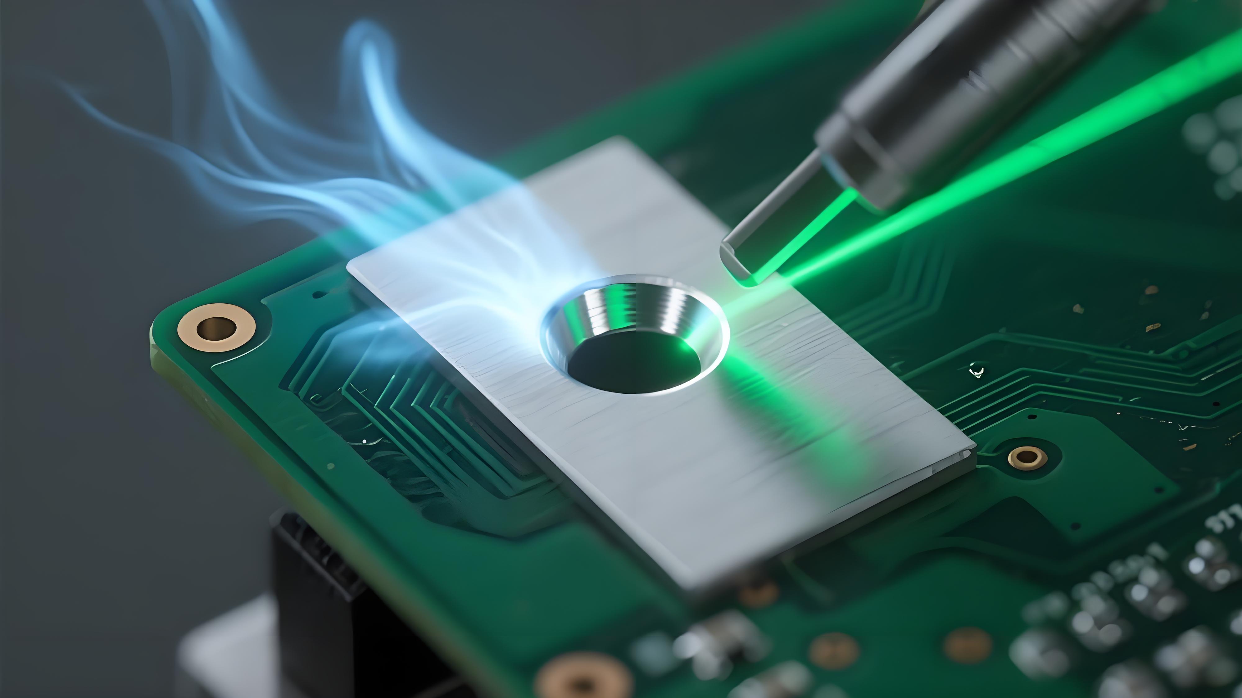 激光焊錫匙孔動態(tài)形成過程 紅色激光束聚焦 銀色液態(tài)焊料匙孔 深綠色 PCB 焊盤熱效應