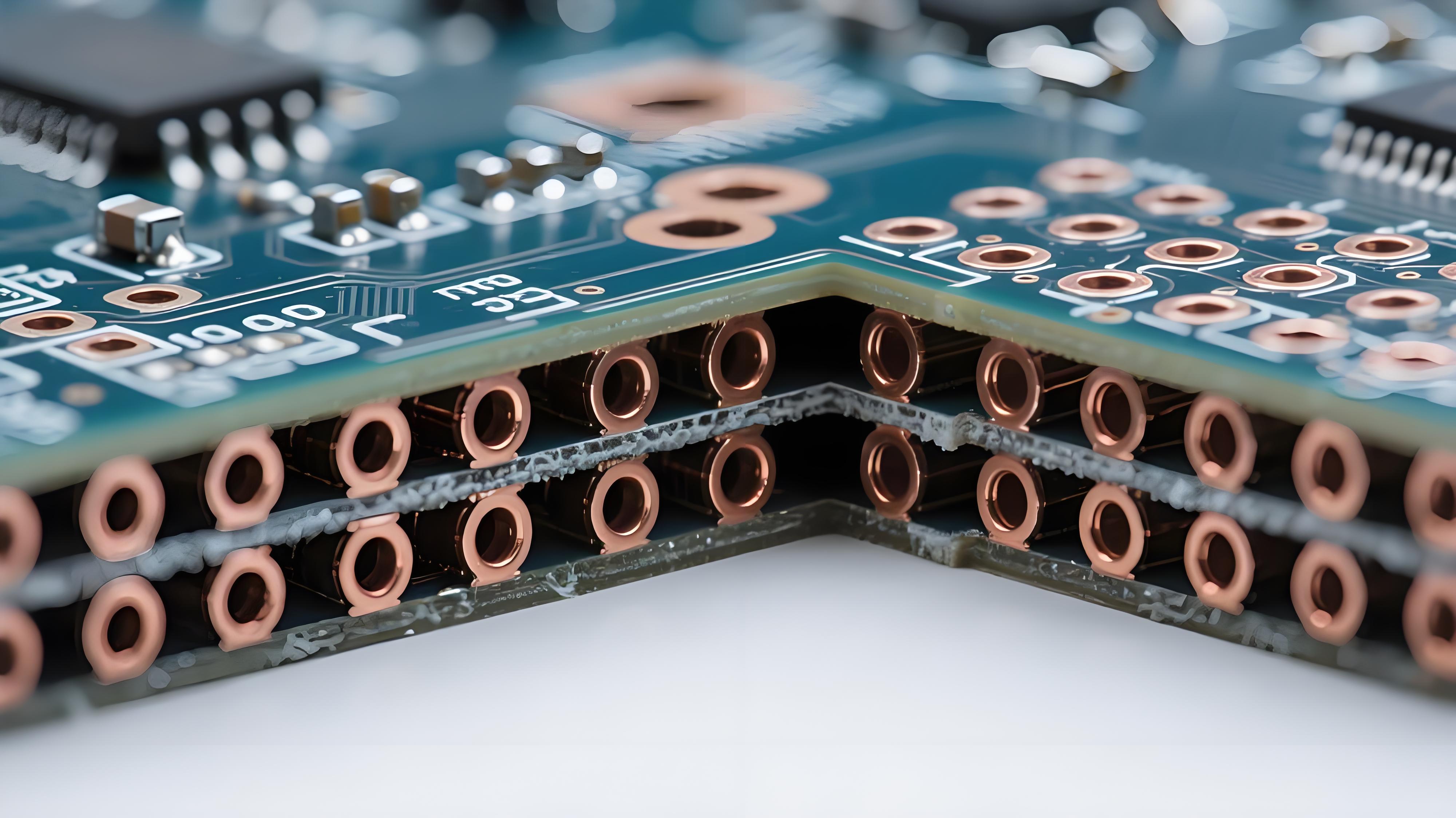 PCB散熱通孔陣列顯微切片橫截面，展示內(nèi)部銅填充結(jié)構(gòu)