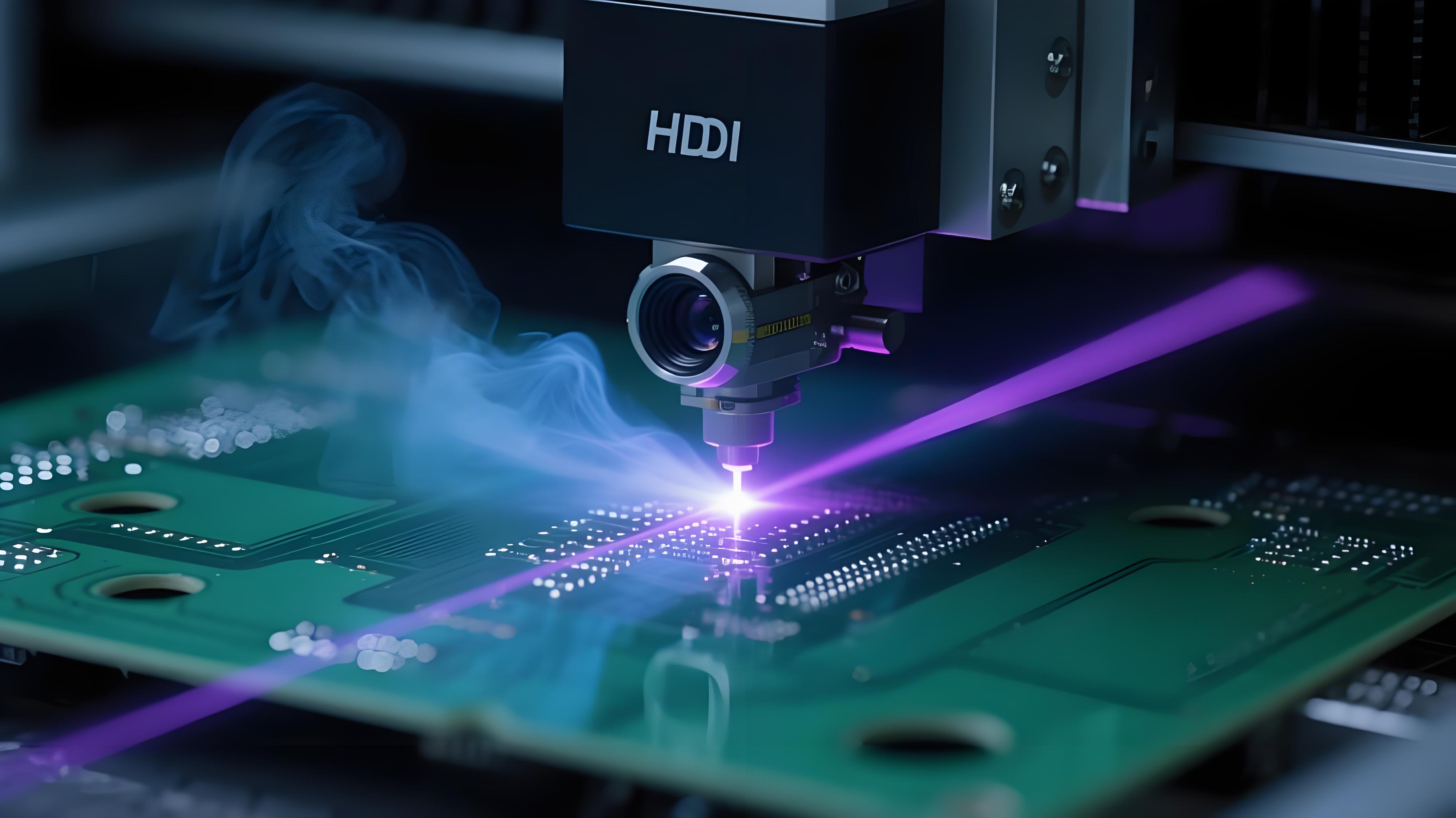 紫外激光鉆孔機(jī)在HDI板上進(jìn)行微孔加工，激光光束聚焦