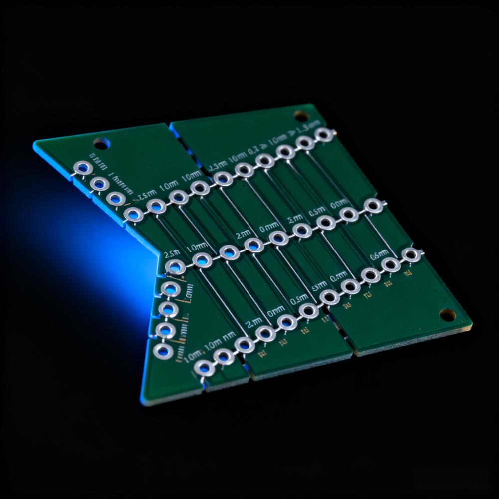 PCB異形拼板郵票孔連接特寫，1.0mm孔徑+2.5mm孔間距，連接筋寬度0.6mm遠離BGA焊盤