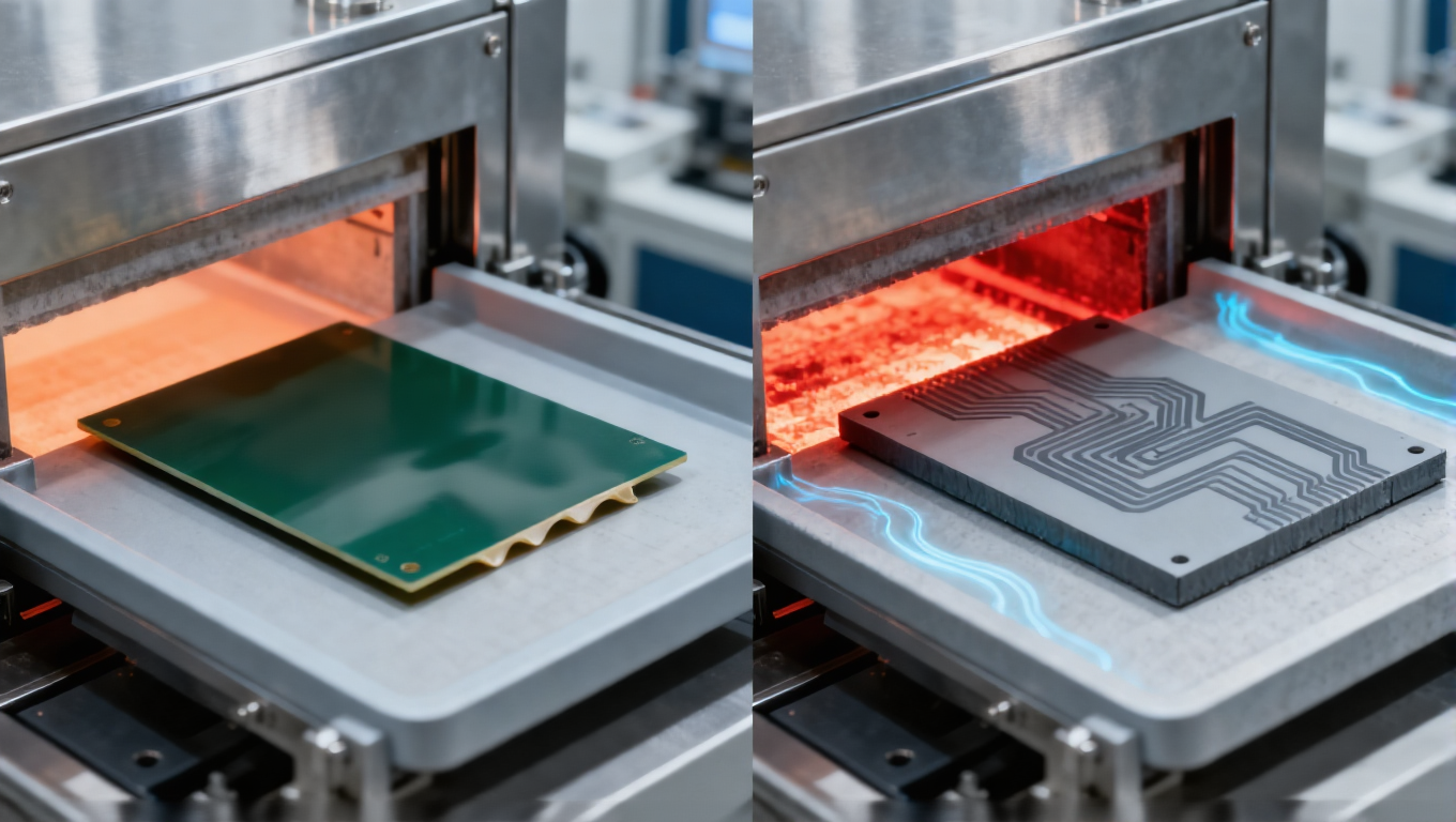 LTCC與HTCC燒結工藝對比場景，850-900℃淡橙色光適配銀漿線路，1600-1800℃深紅色光適配鎢漿線路