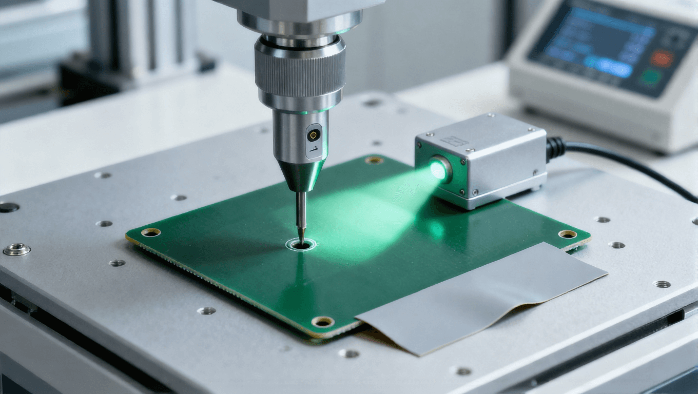 PCB沉頭孔壓力感應技術(shù)加工場景，淡綠色光影反饋鉆削阻力變化