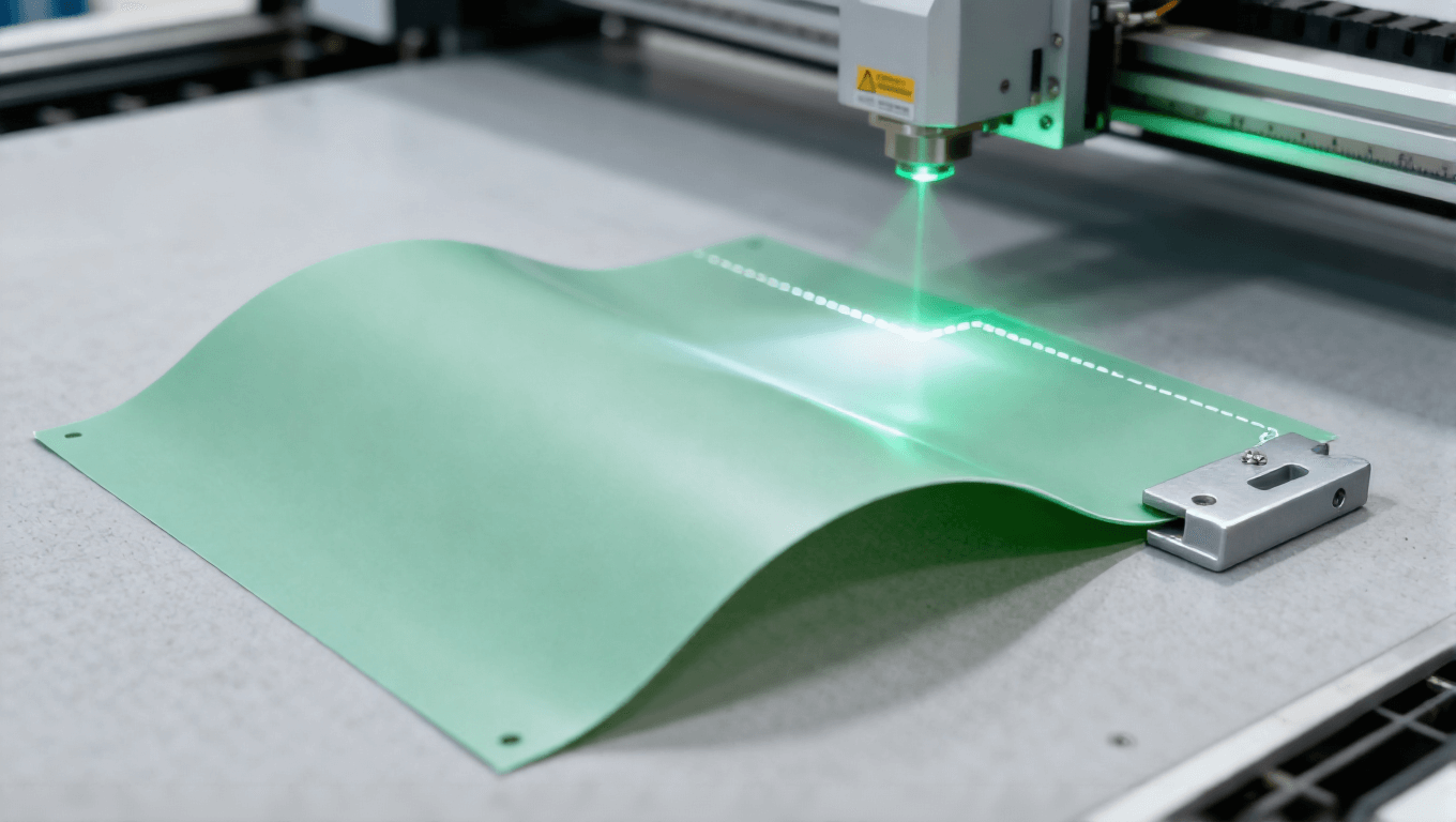 柔性 PCB 激光輪廓切割場景，淡綠色激光無應(yīng)力切割 PI 板邊緣整齊