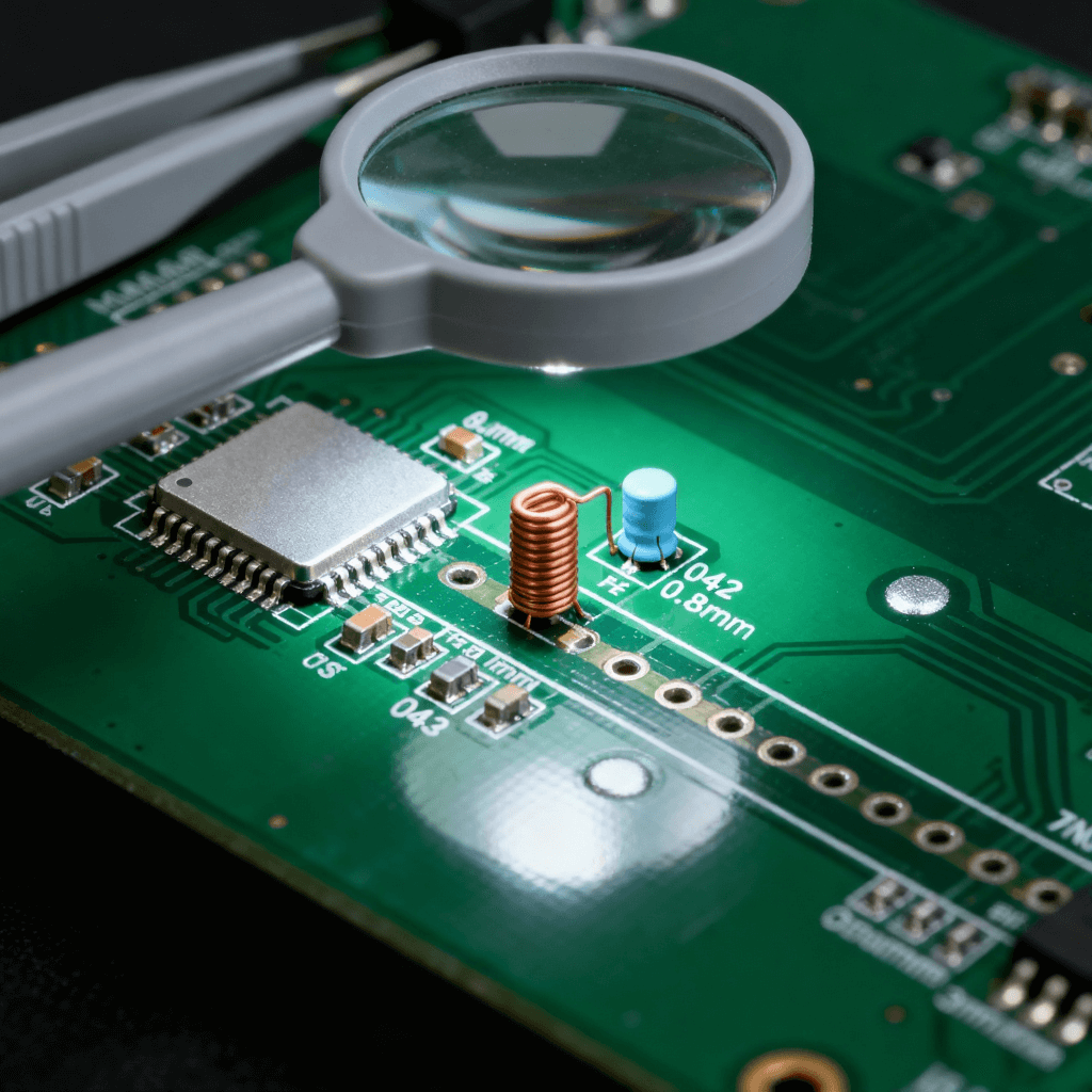 射頻前端 PCB 無源元件布局場景，匹配元件貼近芯片 + 饋電電感垂直放置 + 饋點凈空