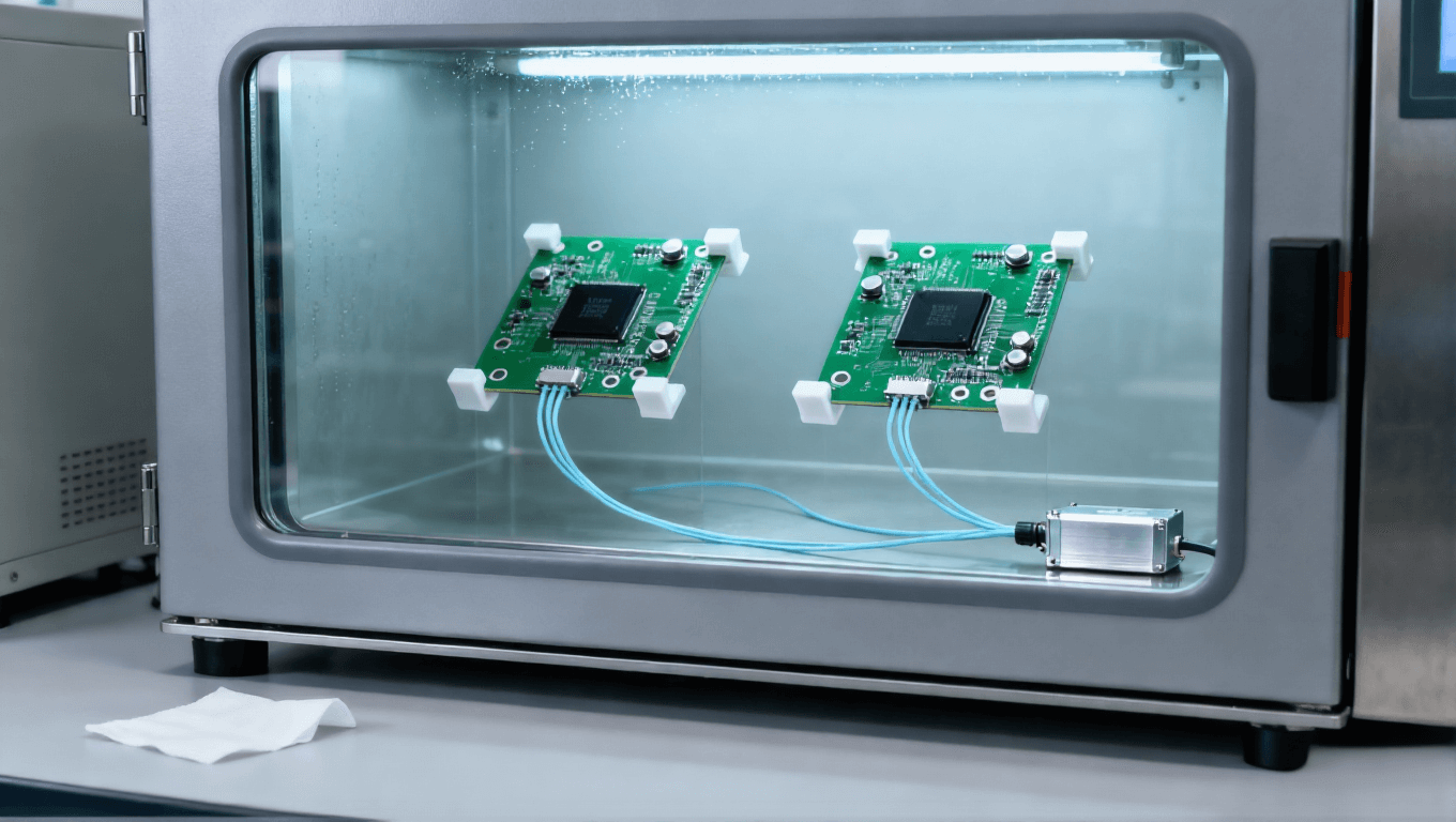 PCB高溫高濕老化測(cè)試 恒溫恒濕箱 架空固定PCB板 數(shù)據(jù)采集線