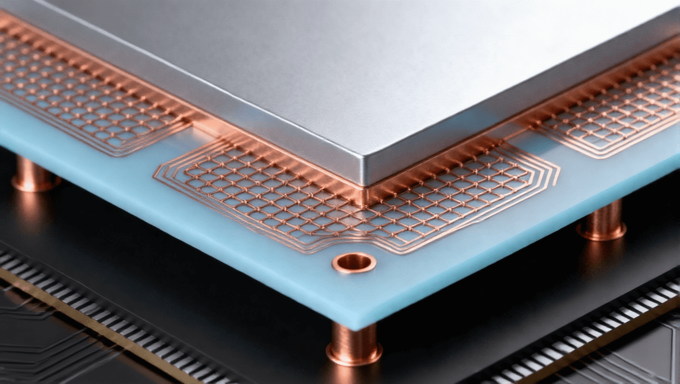 三維堆疊硅中介層，淡藍(lán)色硅片與銅色互連線路