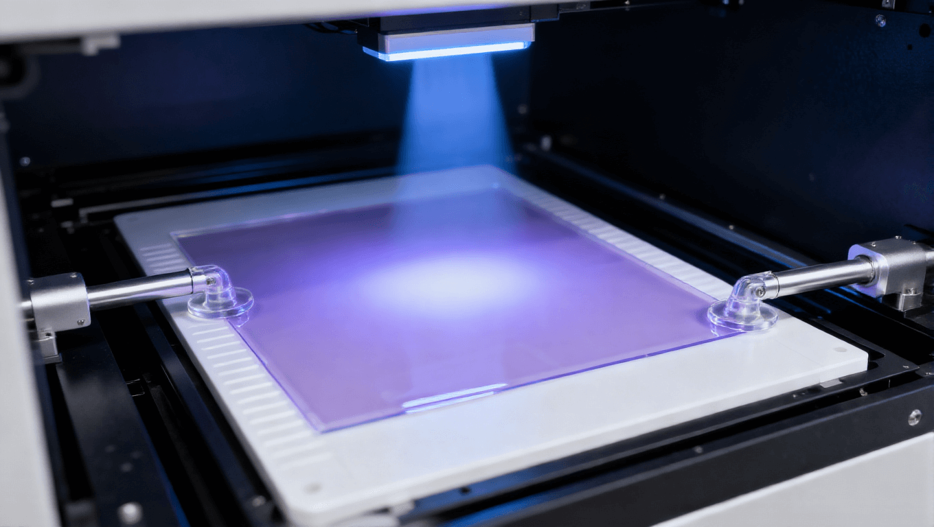 PCB改良型半加成法mSAP工藝光刻顯影環(huán)節(jié)，展示臥式光刻設(shè)備、透明PI基板、淡紫色光刻膠及紫外光，高端PCB光刻場(chǎng)景