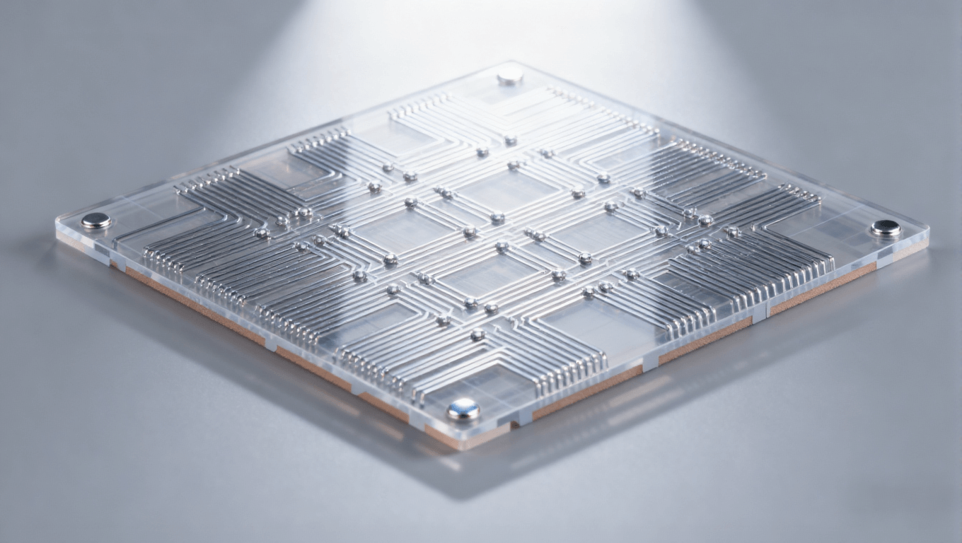 Mini LED驅(qū)動(dòng)板mSAP工藝精細(xì)線路特寫，展示透明PCB基板與銀銅色細(xì)密線路，高端PCB線路細(xì)節(jié)圖