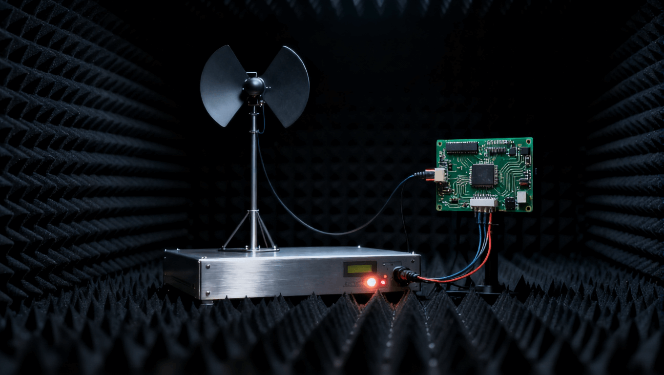 電路板電磁兼容性測(cè)試場(chǎng)景，在屏蔽暗室中評(píng)估輻射發(fā)射與抗干擾能力