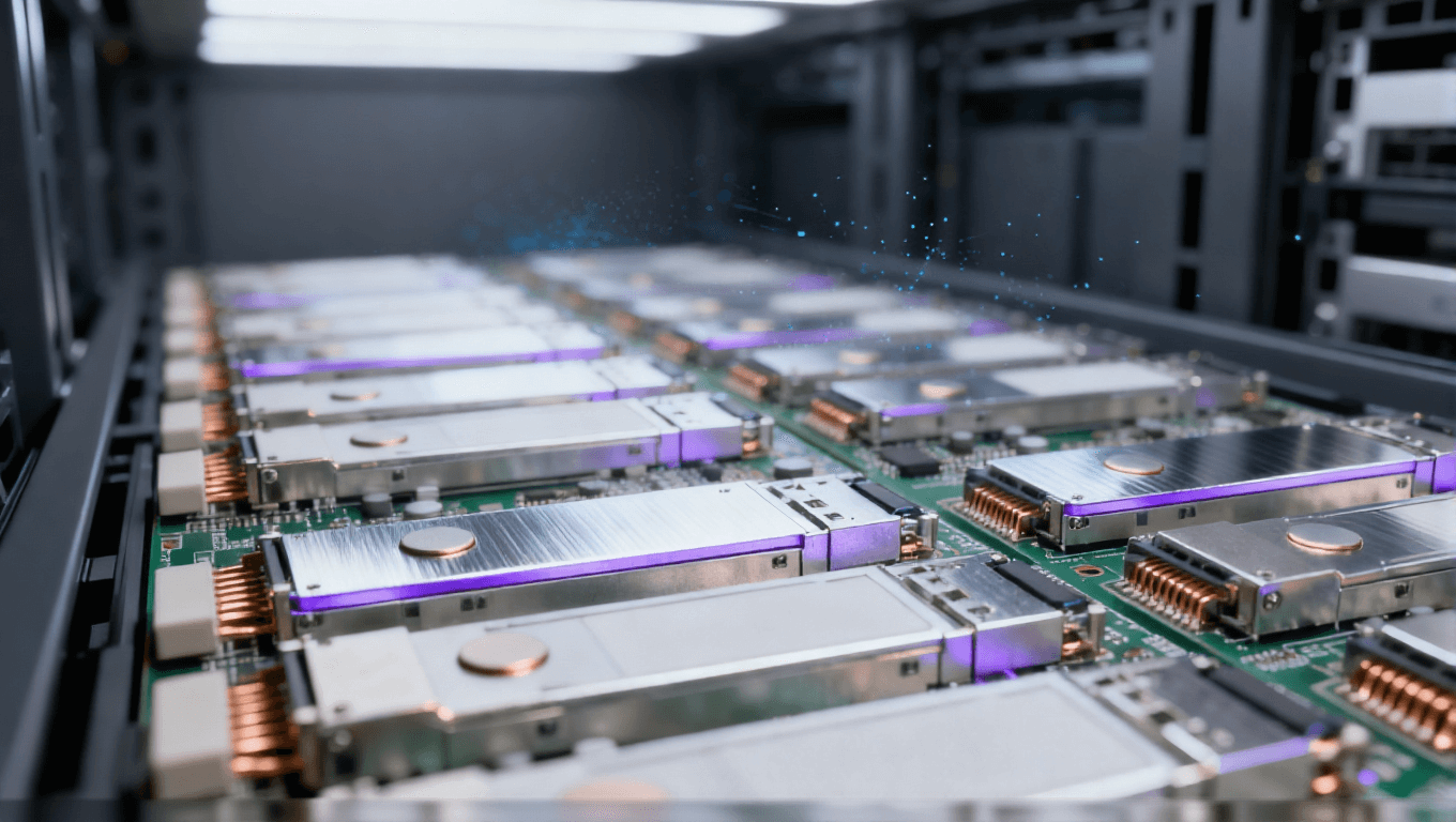 數(shù)據(jù)中心光模塊 PCB 組件 服務(wù)器機(jī)柜場(chǎng)景 銀色散熱片 淡紫色信號(hào)光效 光通信設(shè)備 冷色調(diào)科技氛圍