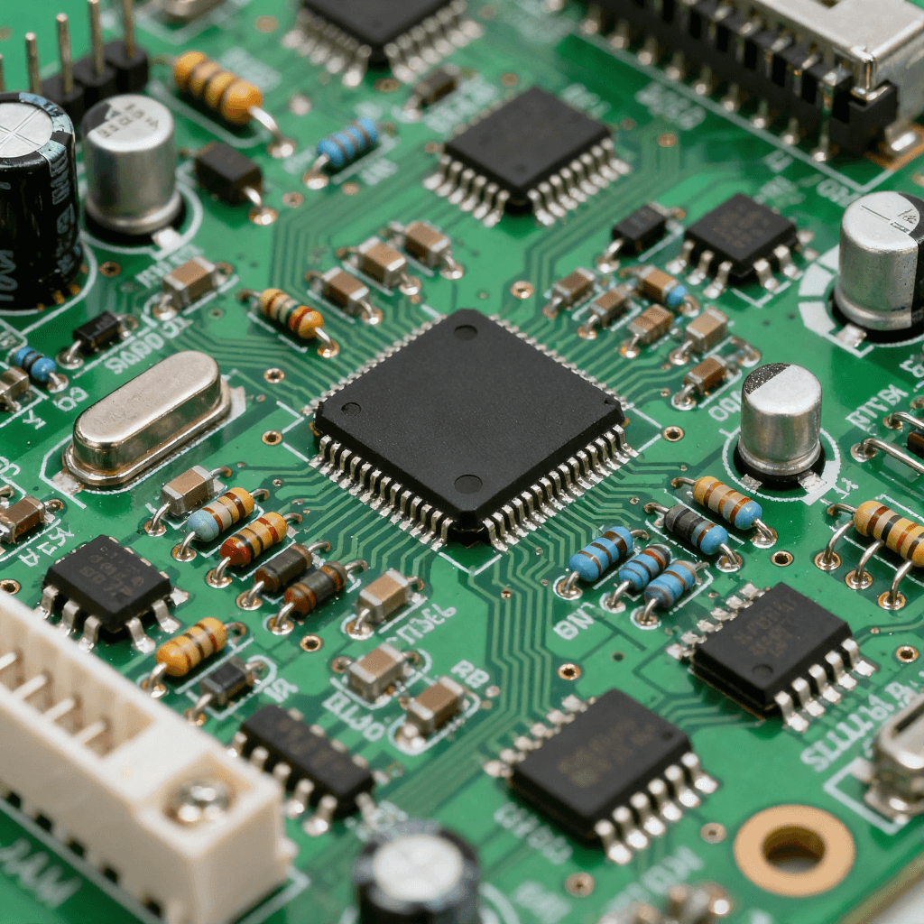 綠色 PCB 基板上集成電阻、電容、芯片的 PCBA 組件，焊點(diǎn)呈現(xiàn)金屬光澤