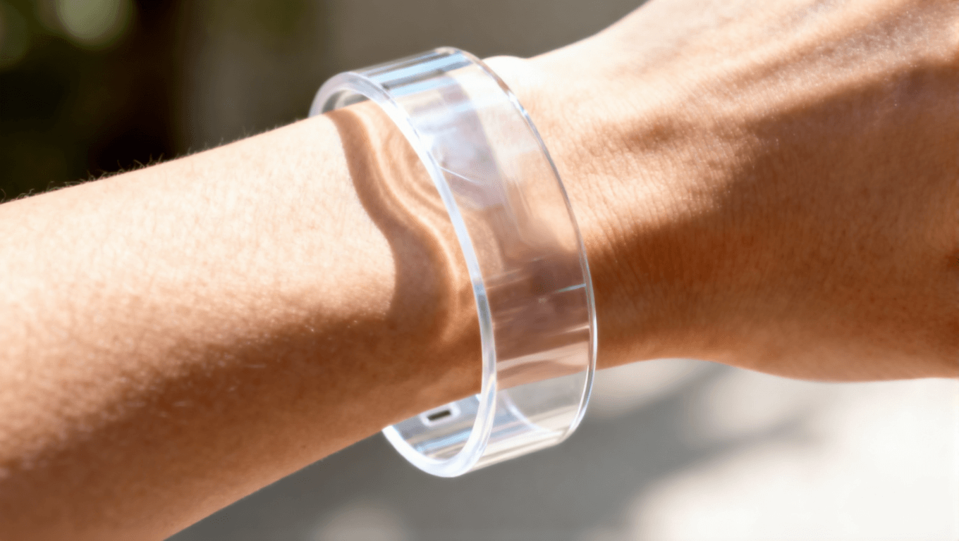 集成超彈性電路的可穿戴設(shè)備在手腕上的應(yīng)用，體現(xiàn)其柔韌性與舒適度