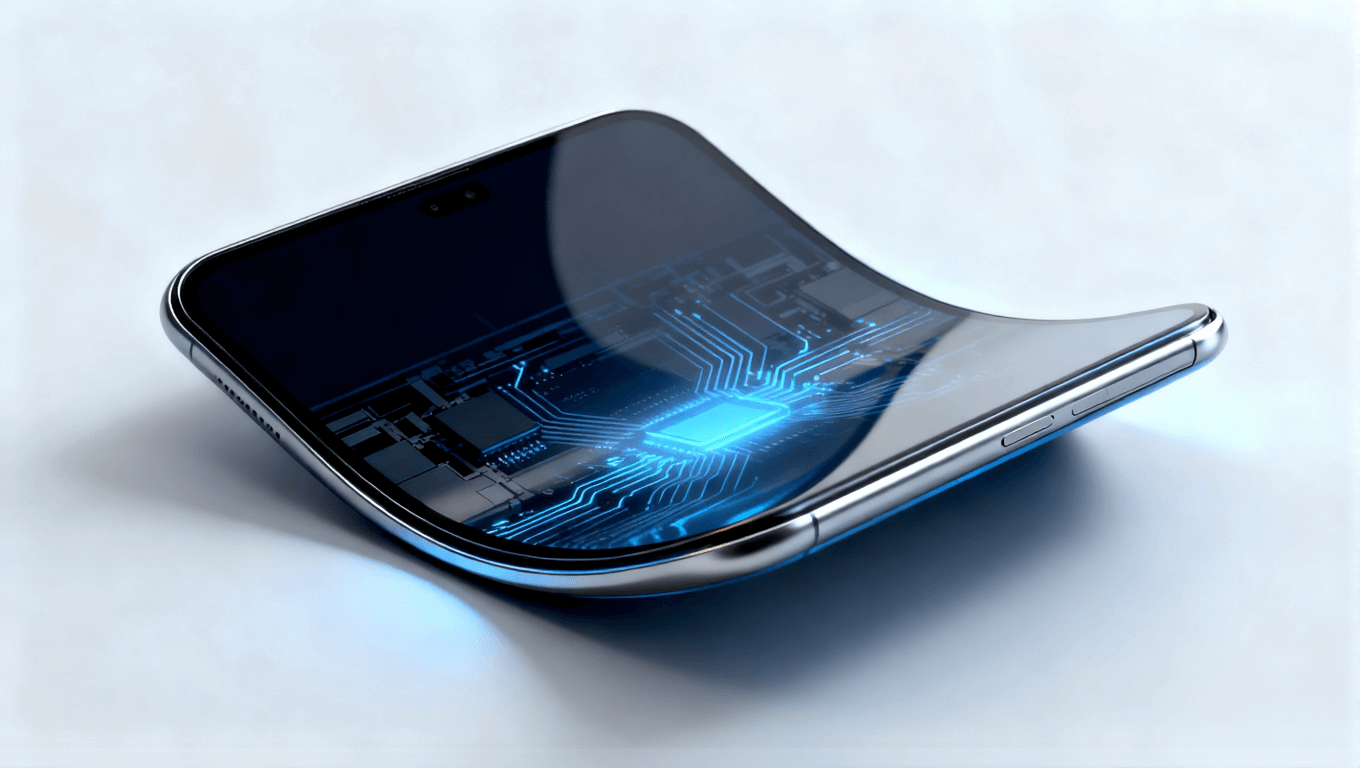 可折疊電子設(shè)備概念圖，展示超彈性材料支撐的柔性電路與無縫折疊設(shè)計