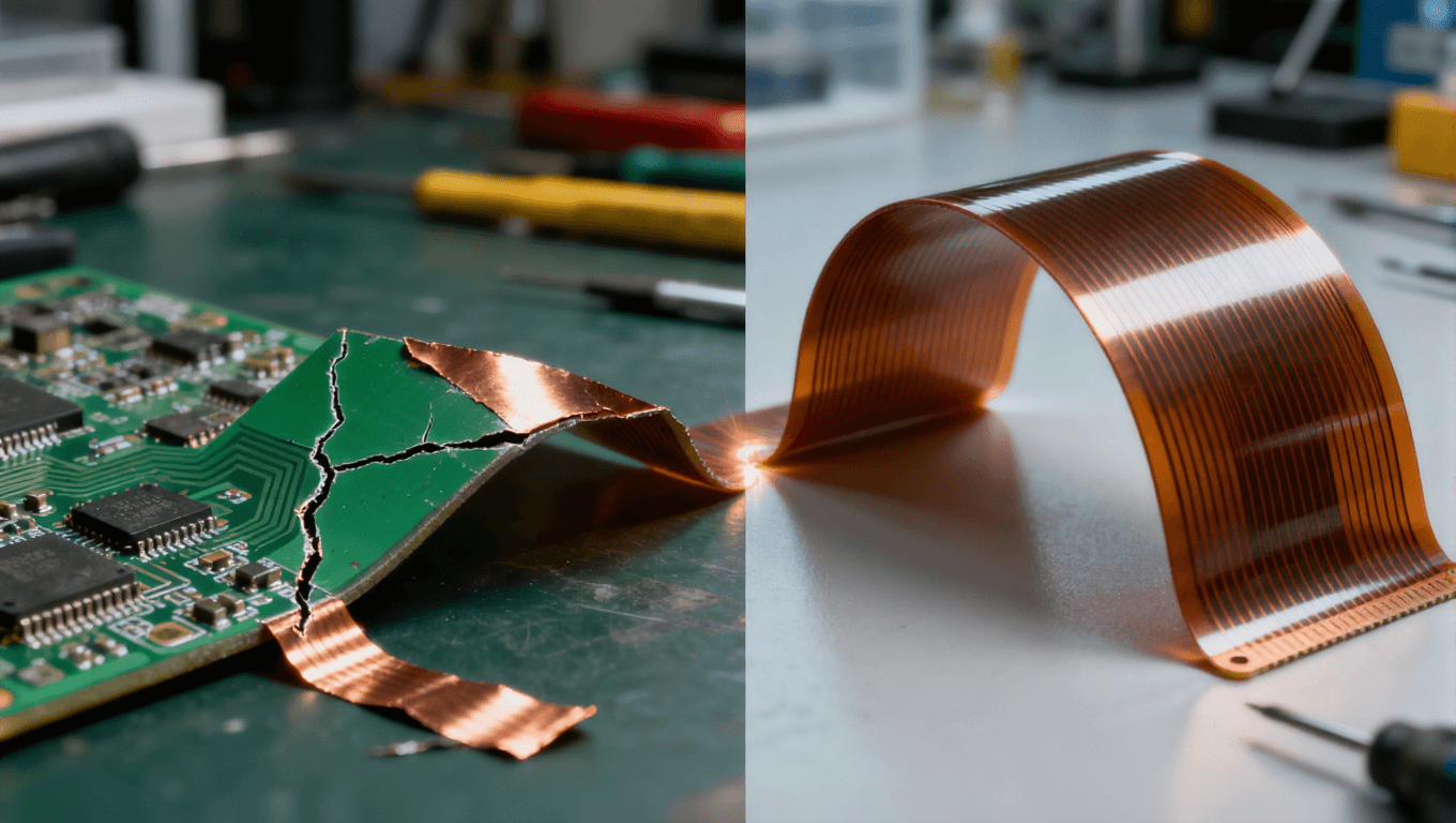 傳統(tǒng)剛性電路板與超彈性柔性電路板彎折對比，凸顯柔性電路在反復(fù)折疊下的耐用性