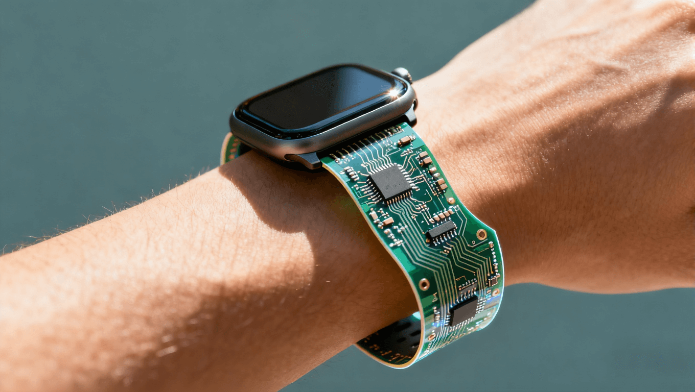 佩戴在手腕上的智能手表，電路板集成于表帶，突顯彎曲設(shè)計