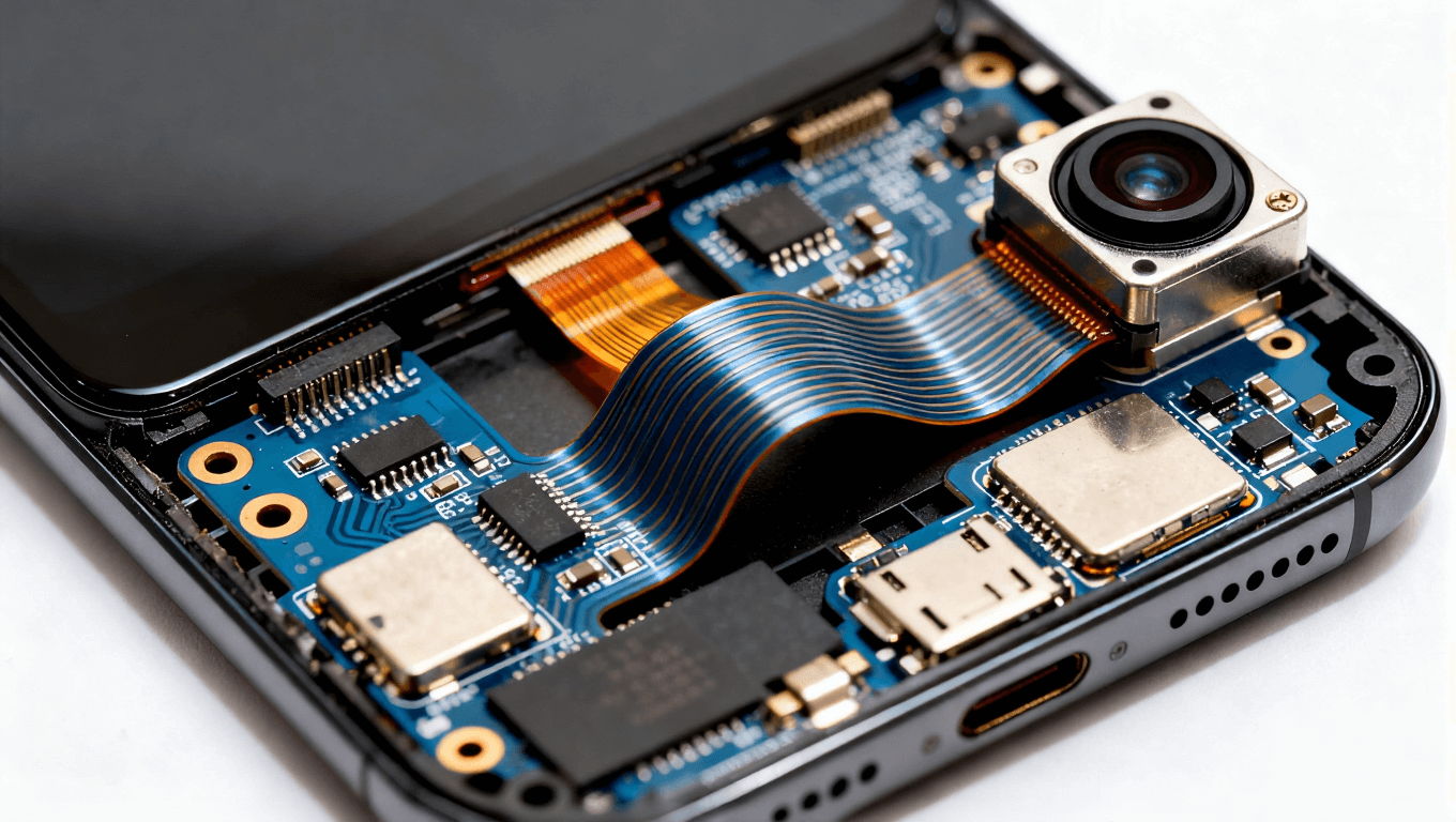 部分拆解的現(xiàn)代智能手機，靈活電路板繞過攝像頭模塊，體現(xiàn)緊湊集成設(shè)計