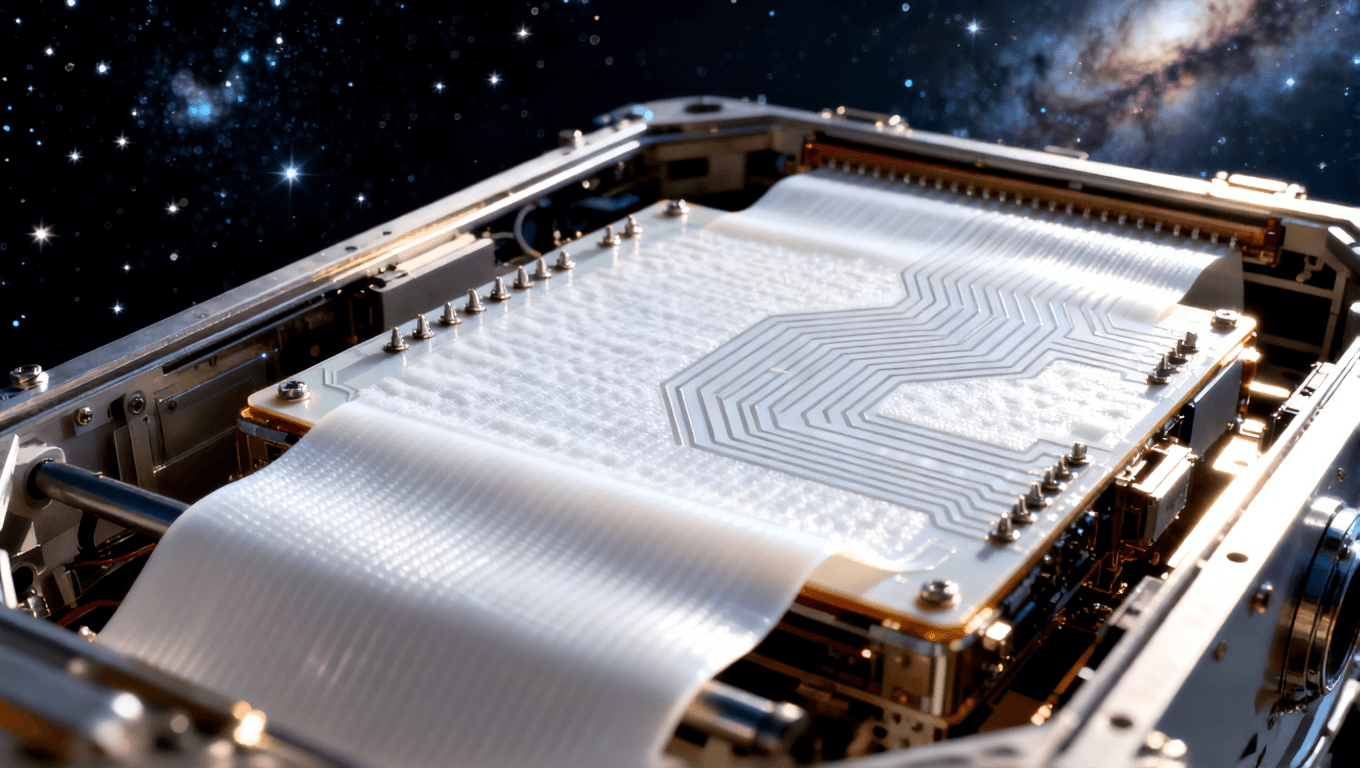 衛(wèi)星載荷系統(tǒng)中的撓性電路板，強調(diào) PTFE 材料的耐極端溫度特性