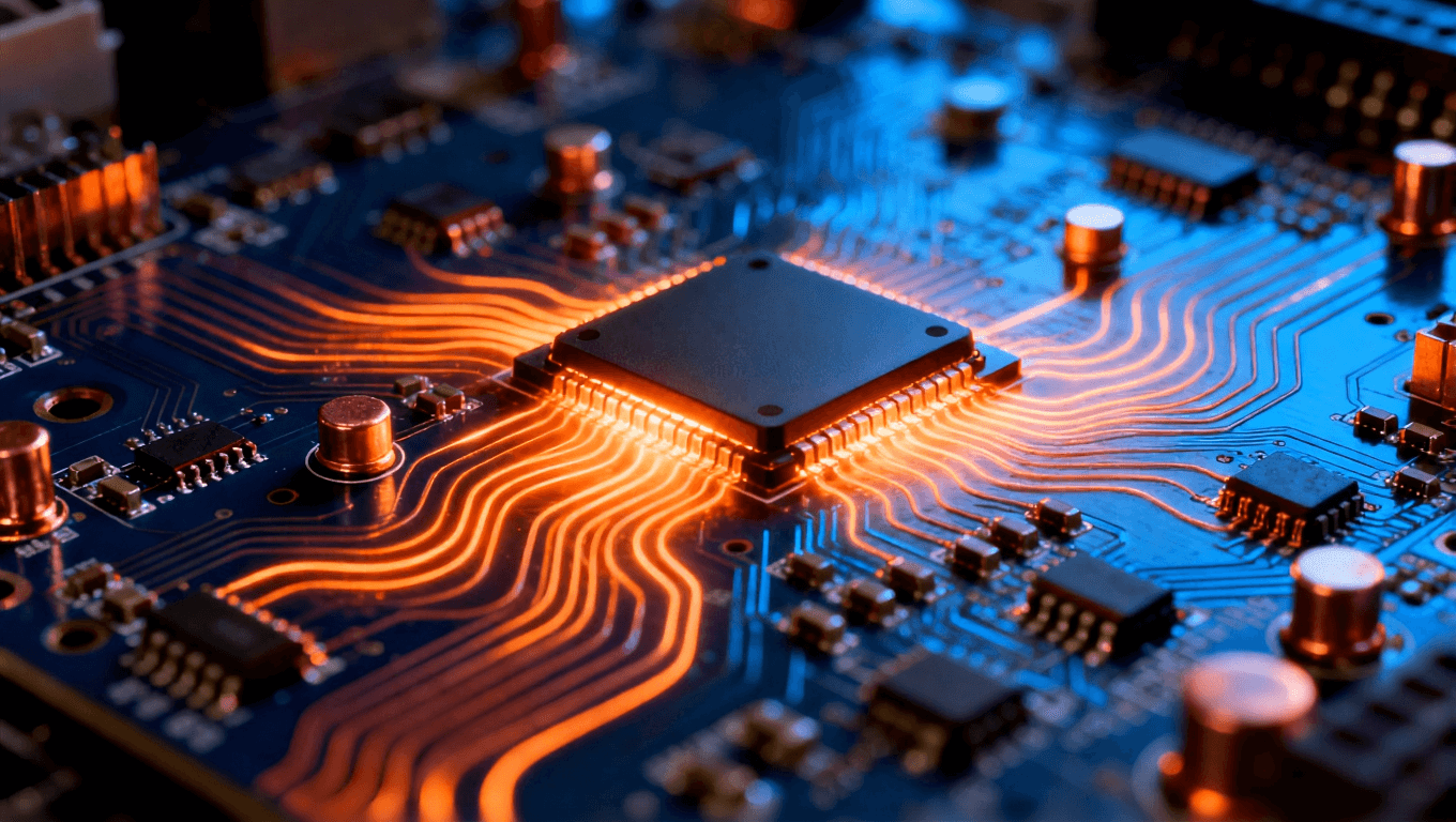 高科技電路板特寫，銅線和微芯片發(fā)熱光線，熱傳遞動態(tài)效果，金屬光澤，藍色與橙色對比，柔和陰影
