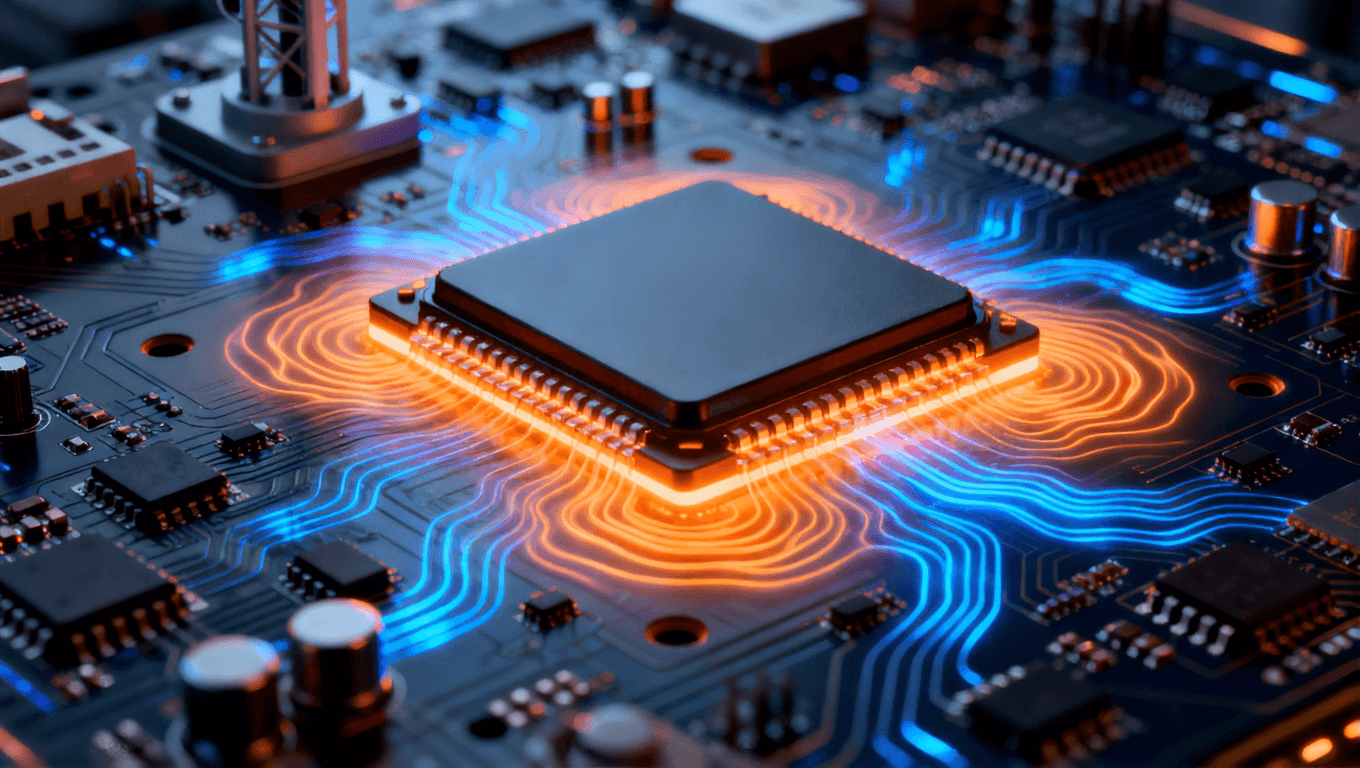 5G通信基站，安裝高功率組件的電路板，動態(tài)熱流圖案，橙藍色熱管理光效