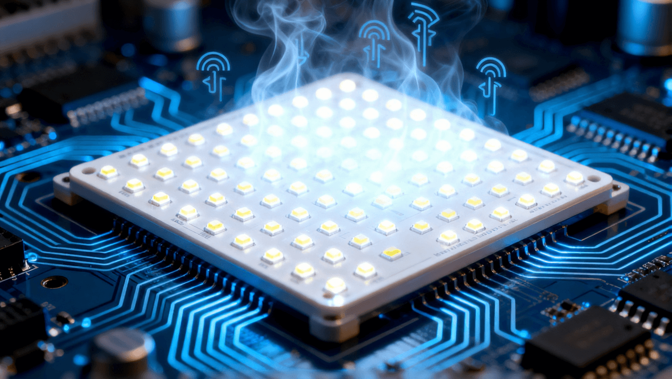 LED面板與高導電電路板，LED燈發(fā)光，散熱符號，清涼環(huán)境光，熱流線圍繞電路板